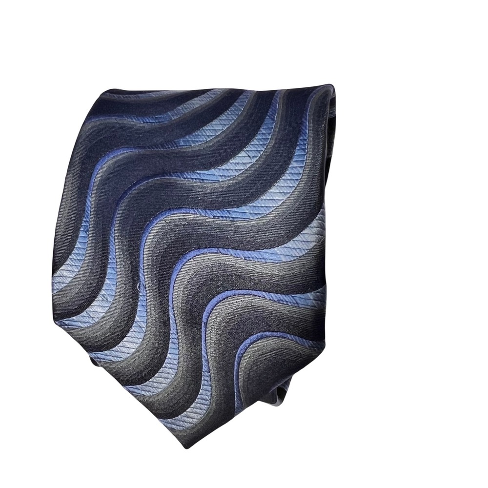 Enrico Guccini Mens Silk‎ Tie Blue Grey Wavy Geometric Pattern Handmade Necktie